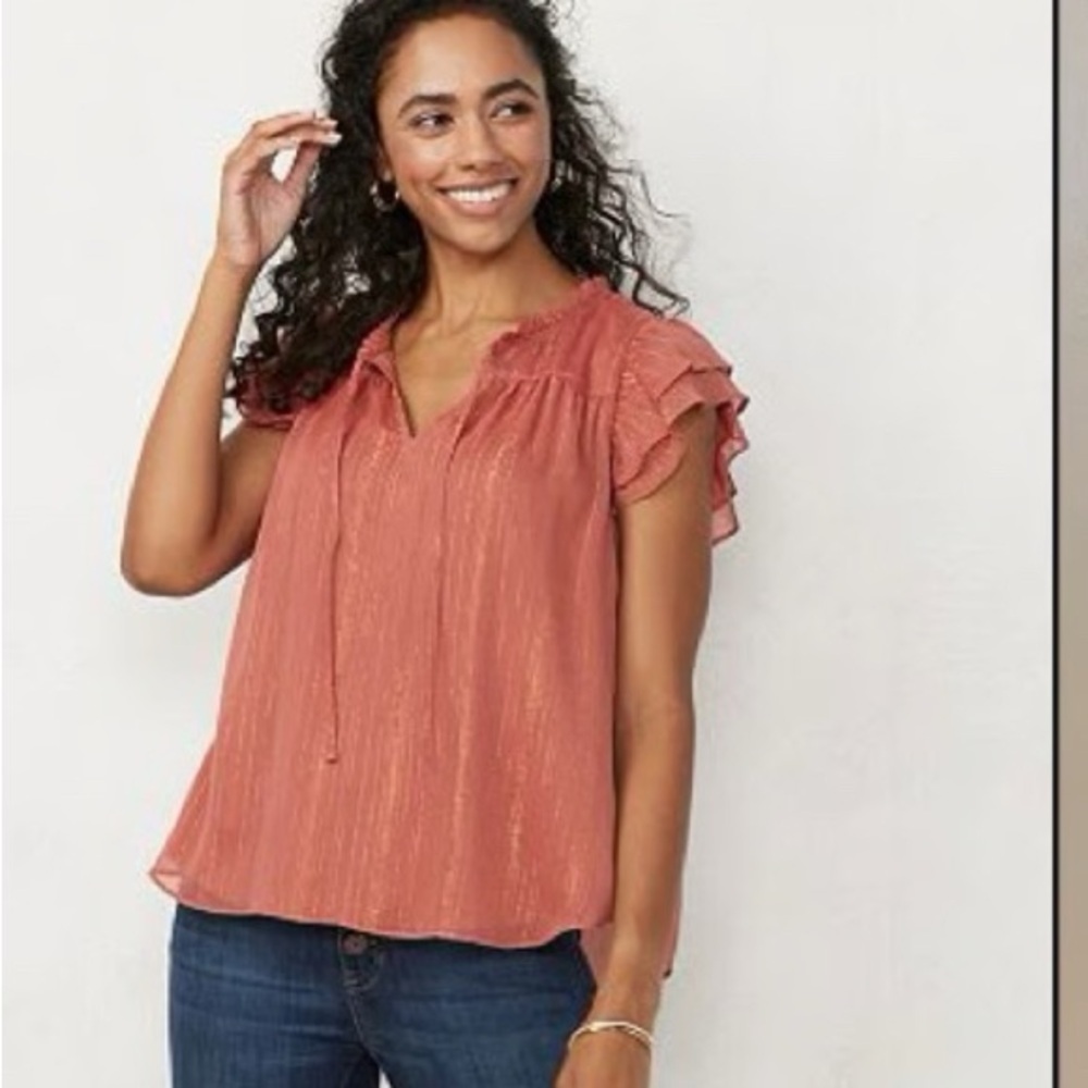 LC Lauren Conrad Pink Ruffled Mandarin Collar Blouse
